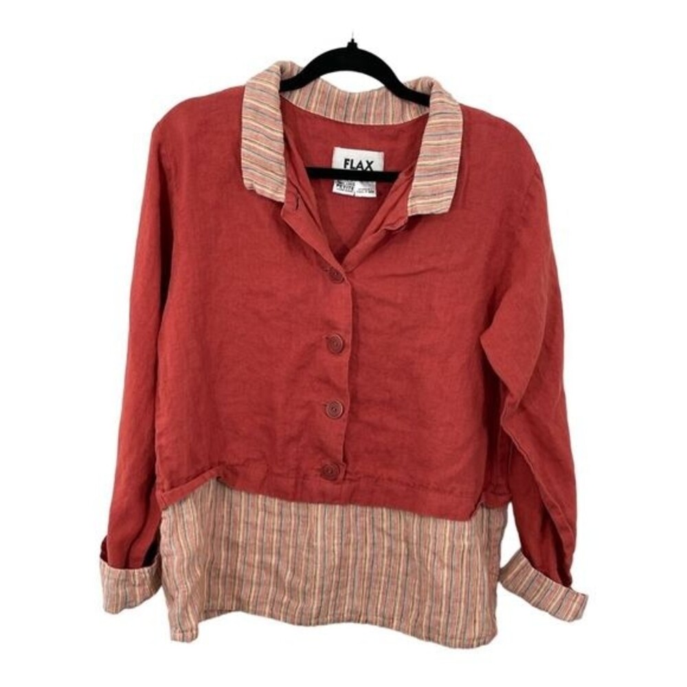 Flax Women's Linen Overlay Notched Collar Half Button-Front Shirt Size Petite XS
